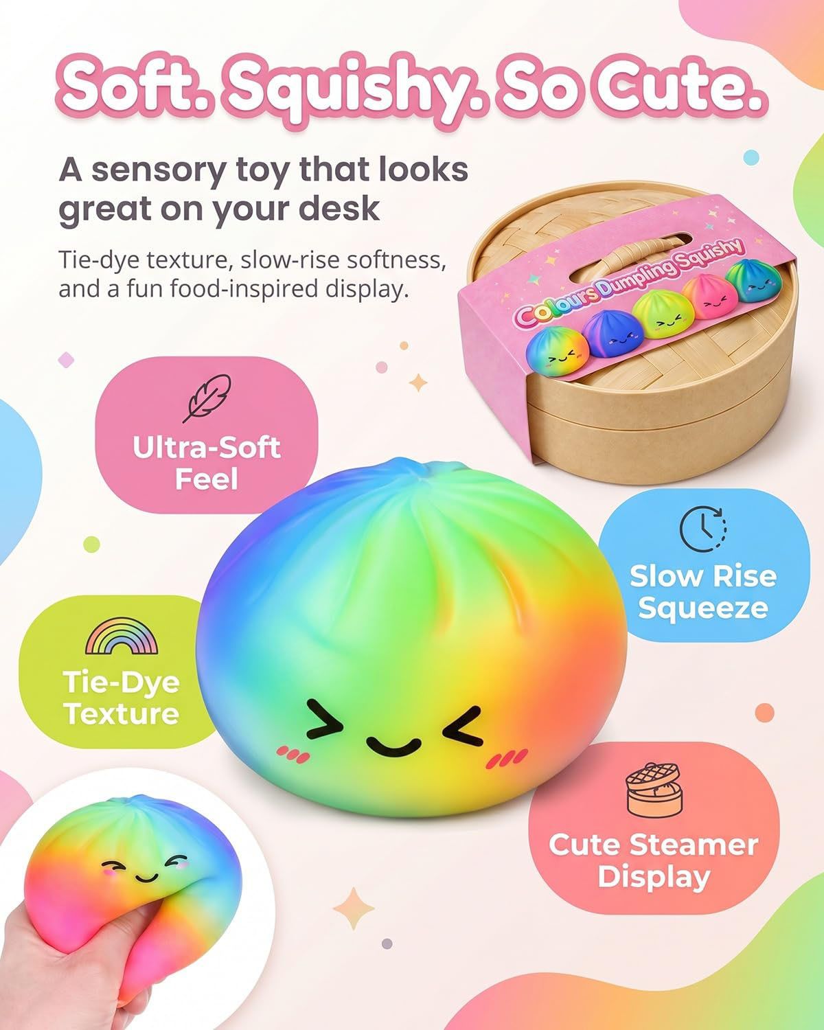 Tie-Dye Dumpling Squishy with Steamer, Slow-Rise Squeeze Item - Image 4
