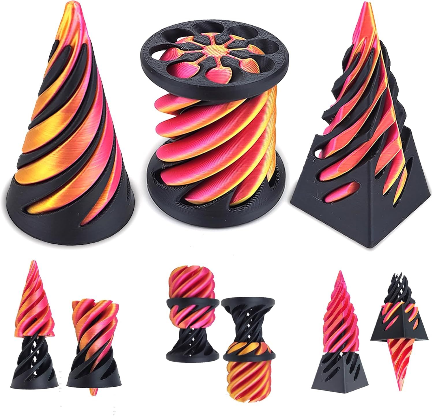 3-Pack 3D Printed Spiral Fidget Set, Impossible Pyramid Desk Accessories - Image 1