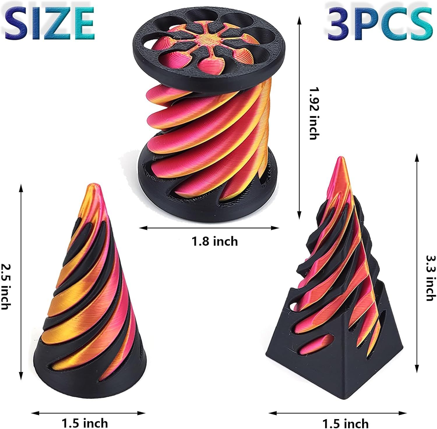 3-Pack 3D Printed Spiral Fidget Set, Impossible Pyramid Desk Accessories - Image 5