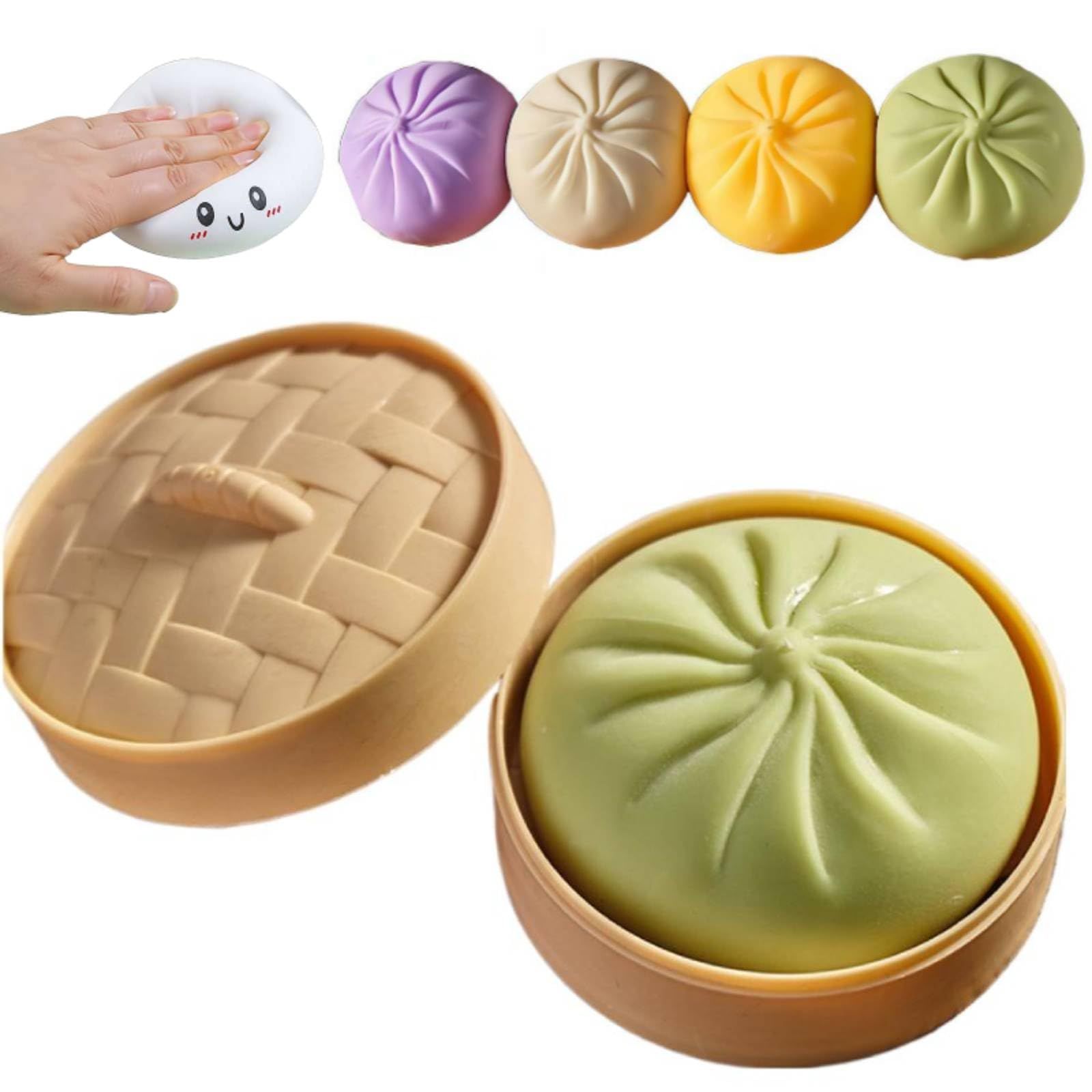 Giant Rainbow Dumpling Squishy with Steamer, Soft Squeezable Item, Green - Image 1