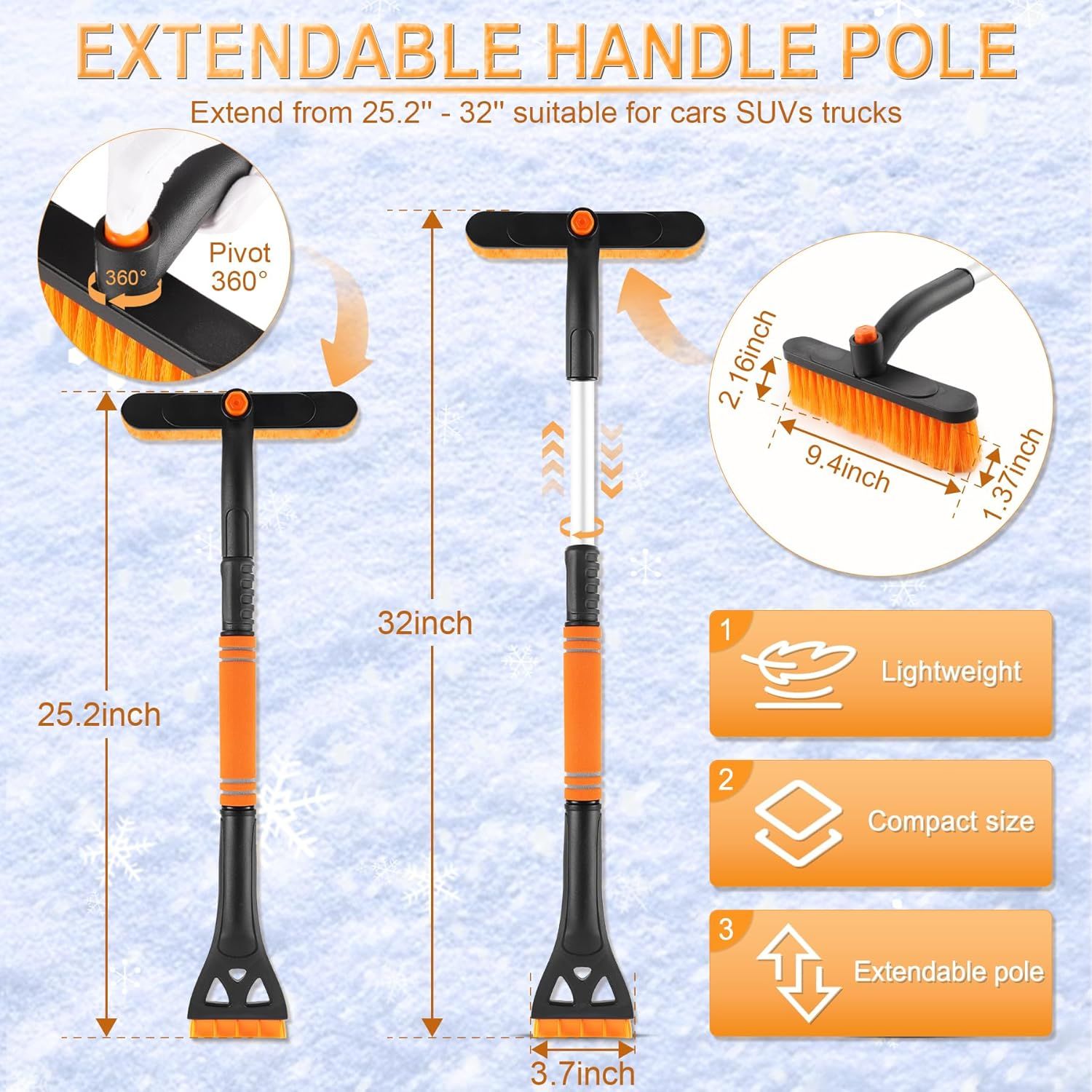 Extendable Ice Scraper & Snow Brush 80 cm – 360° Rotating Snow Remover for Car, SUV & Pickup - Image 3