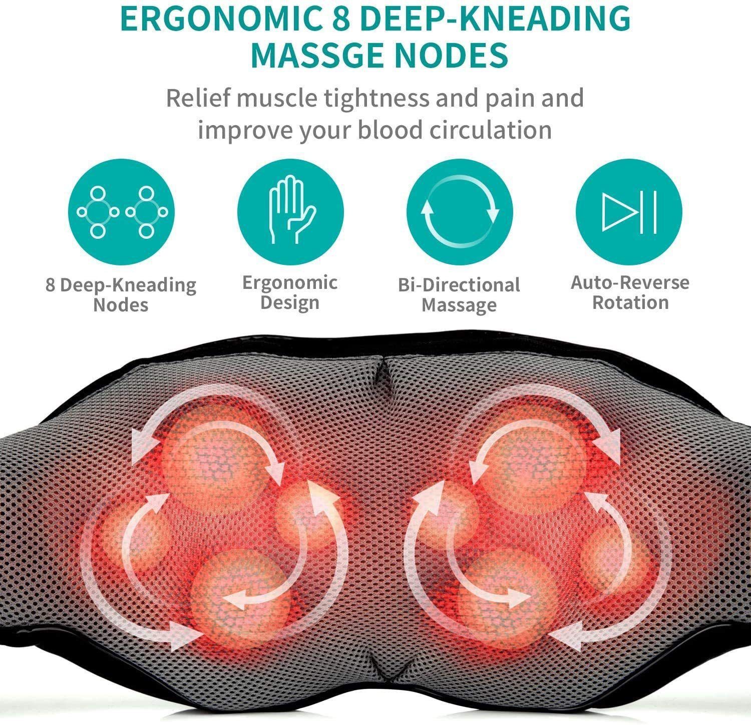 Shiatsu Neck Shoulder Massager with Red Light Heat, 8 Deep Kneading Nodes 3 Speed Bi-Directional Rotation Massage Shawl,  for Neck Back Waist Leg Home Office Car Use, AC & Car Adapters Included - Image 2