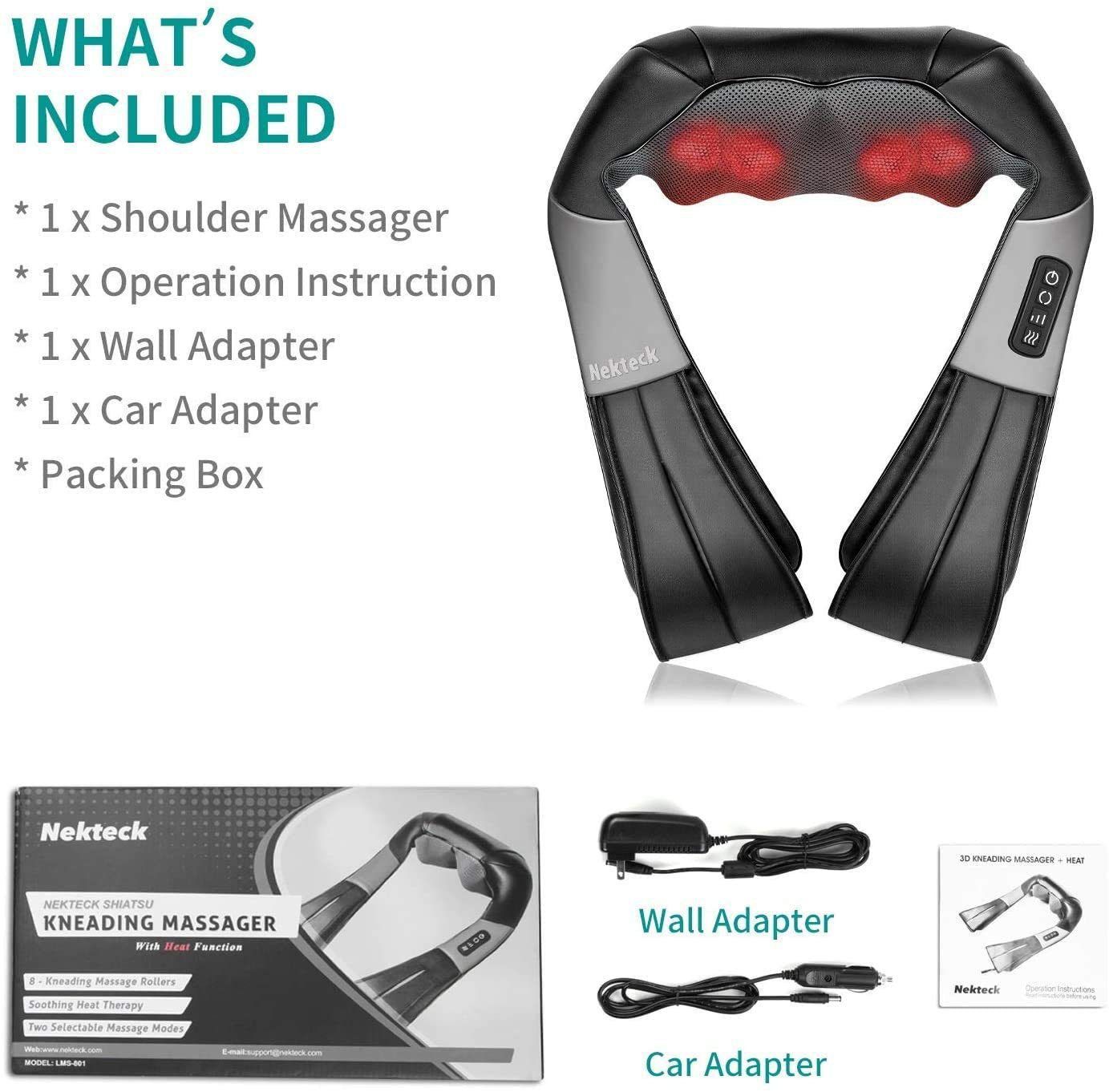 Shiatsu Neck Shoulder Massager with Red Light Heat, 8 Deep Kneading Nodes 3 Speed Bi-Directional Rotation Massage Shawl,  for Neck Back Waist Leg Home Office Car Use, AC & Car Adapters Included - Image 5