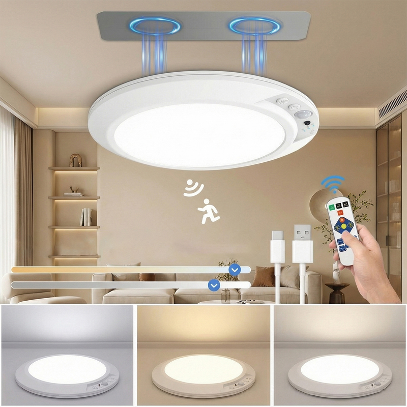 Wireless Rechargeable Motion Sensor LED Ceiling Light, 8000mAh Dimmable 3 Color Temp, Magnetic Drill-Free Mount Remote Lamp for Hall Kitchen Closet Garage - Image 1