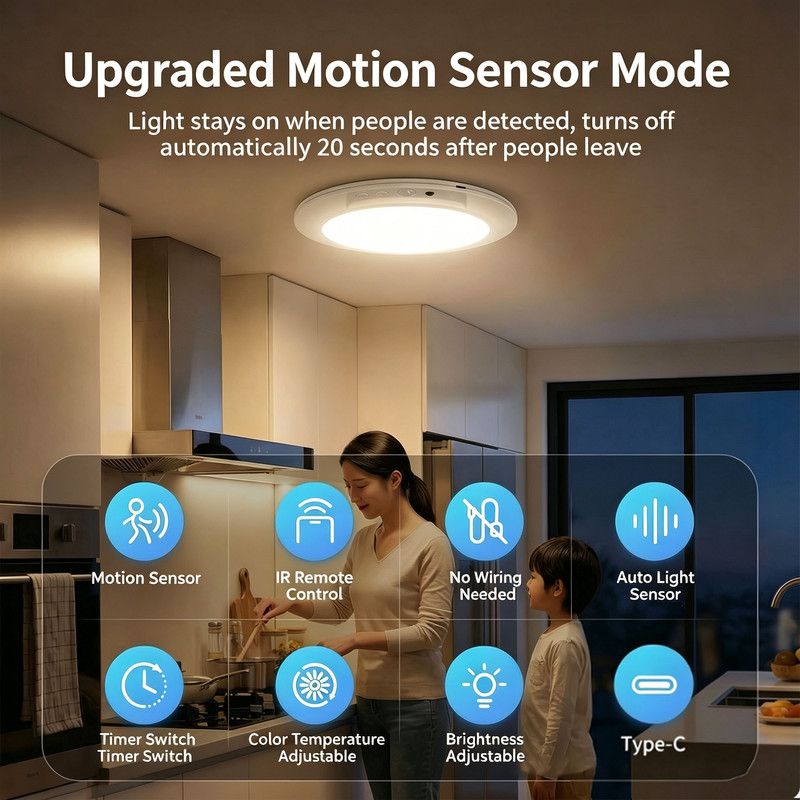Wireless Rechargeable Motion Sensor LED Ceiling Light, 8000mAh Dimmable 3 Color Temp, Magnetic Drill-Free Mount Remote Lamp for Hall Kitchen Closet Garage - Image 2