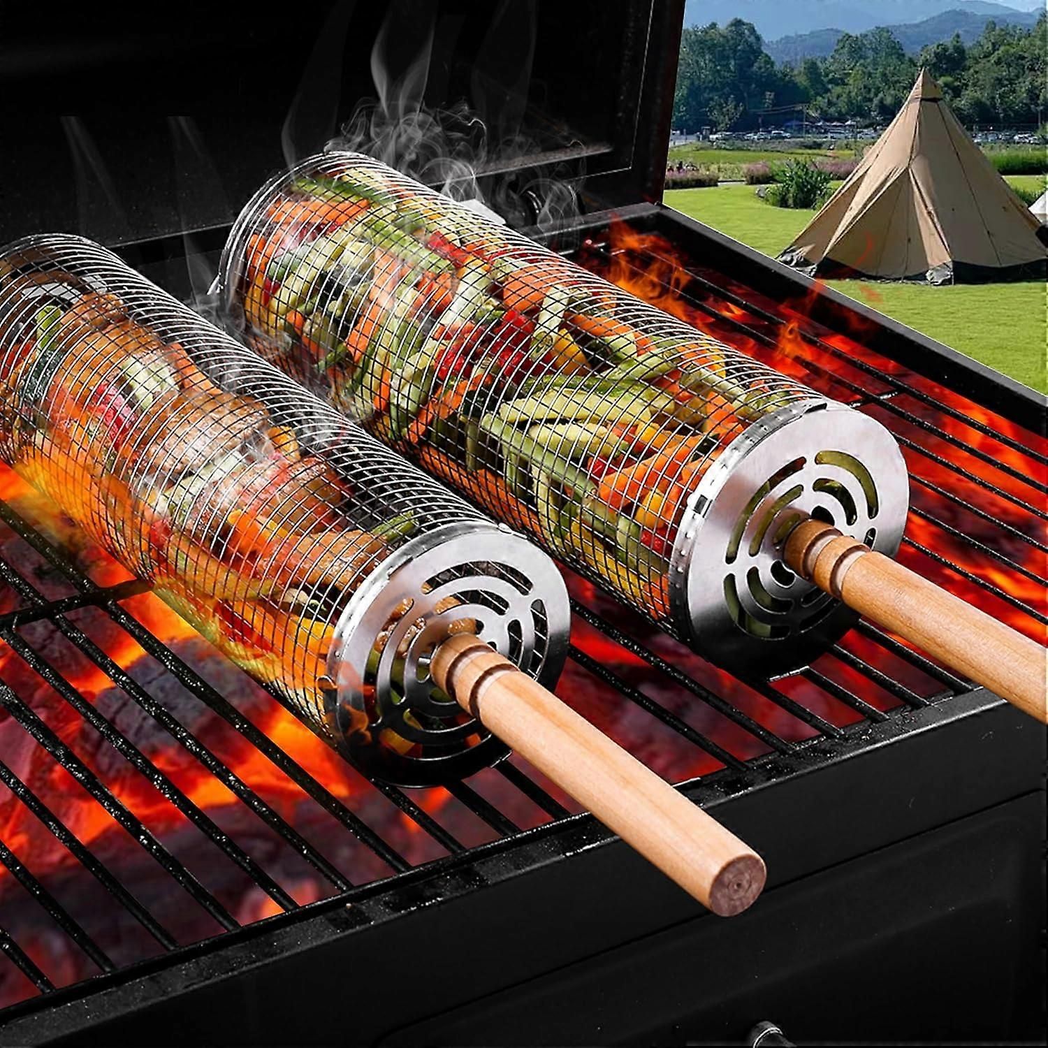 2-Piece Rolling Grill Baskets Stainless Steel for Vegetables Fish and Outdoor Grilling - Image 1