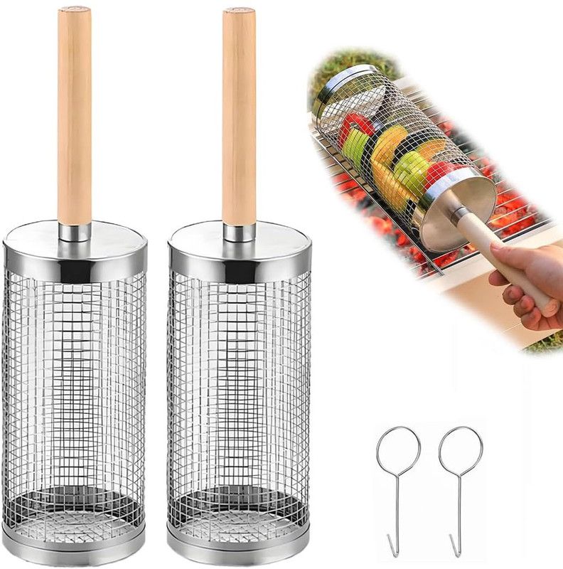 2-Pack Rolling Grill Baskets 304 Stainless Steel with Removable Wooden Handle for Vegetables and Shrimp, 35 x 9.5 cm - Image 1