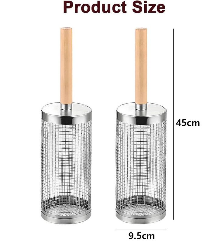 2-Pack Rolling Grill Baskets 304 Stainless Steel with Removable Wooden Handle for Vegetables and Shrimp, 35 x 9.5 cm - Image 2