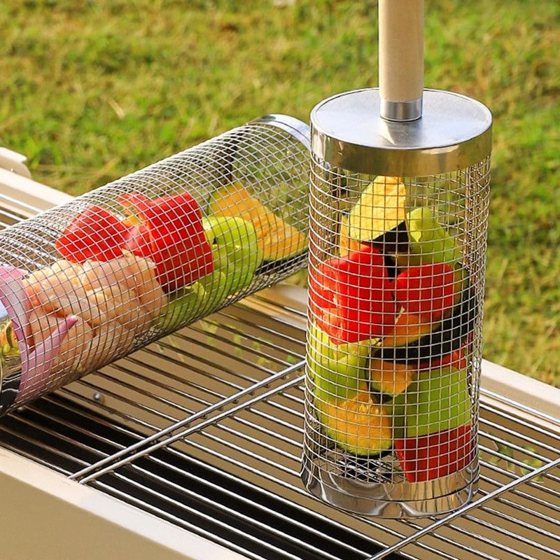 2-Pack Rolling Grill Baskets 304 Stainless Steel with Removable Wooden Handle for Vegetables and Shrimp, 35 x 9.5 cm - Image 3
