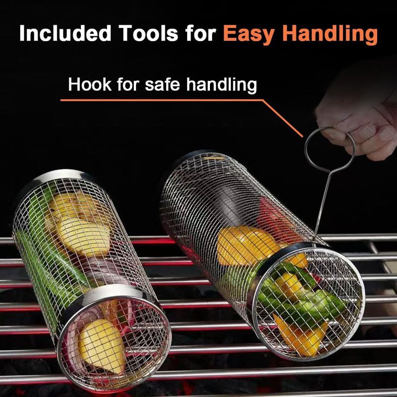 2-Pack Rolling Grill Baskets 304 Stainless Steel with Removable Wooden Handle for Vegetables and Shrimp, 35 x 9.5 cm - Image 5