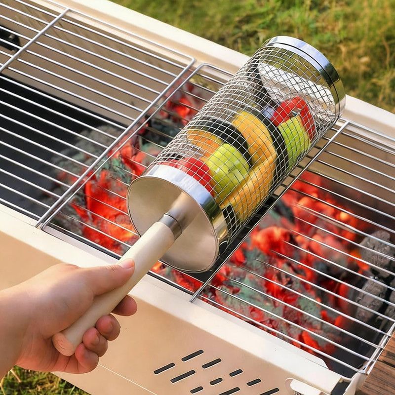 2-Pack Rolling Grill Baskets 304 Stainless Steel with Removable Wooden Handle for Vegetables and Shrimp, 35 x 9.5 cm - Image 6