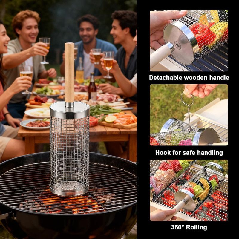 2-Pack Rolling Grill Baskets 304 Stainless Steel with Removable Wooden Handle for Vegetables and Shrimp, 35 x 9.5 cm - Image 7