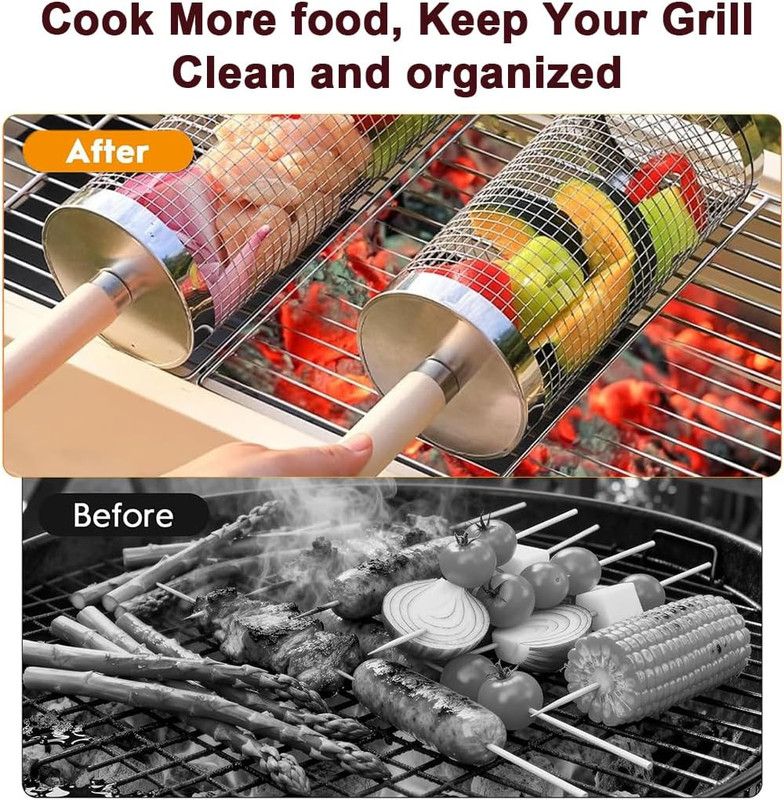 2-Pack Rolling Grill Baskets 304 Stainless Steel with Removable Wooden Handle for Vegetables and Shrimp, 35 x 9.5 cm - Image 8