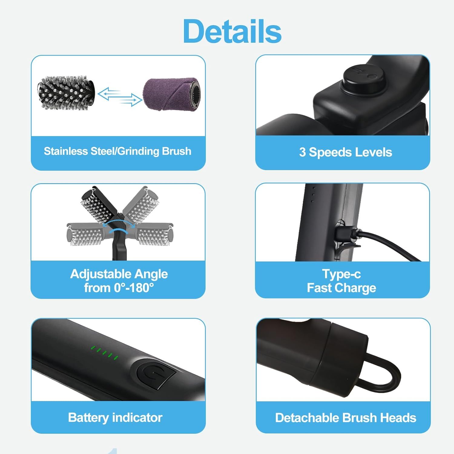 Electric Grill Brush Rechargeable 3-Speed with 180 Degree Adjustable Stainless Steel Head - Image 3