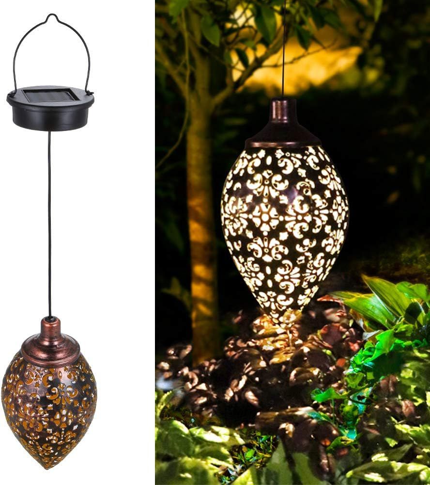 Hanging Solar Lantern LED Moroccan Metal Garden Light Waterproof for Patio and Porch - Image 1