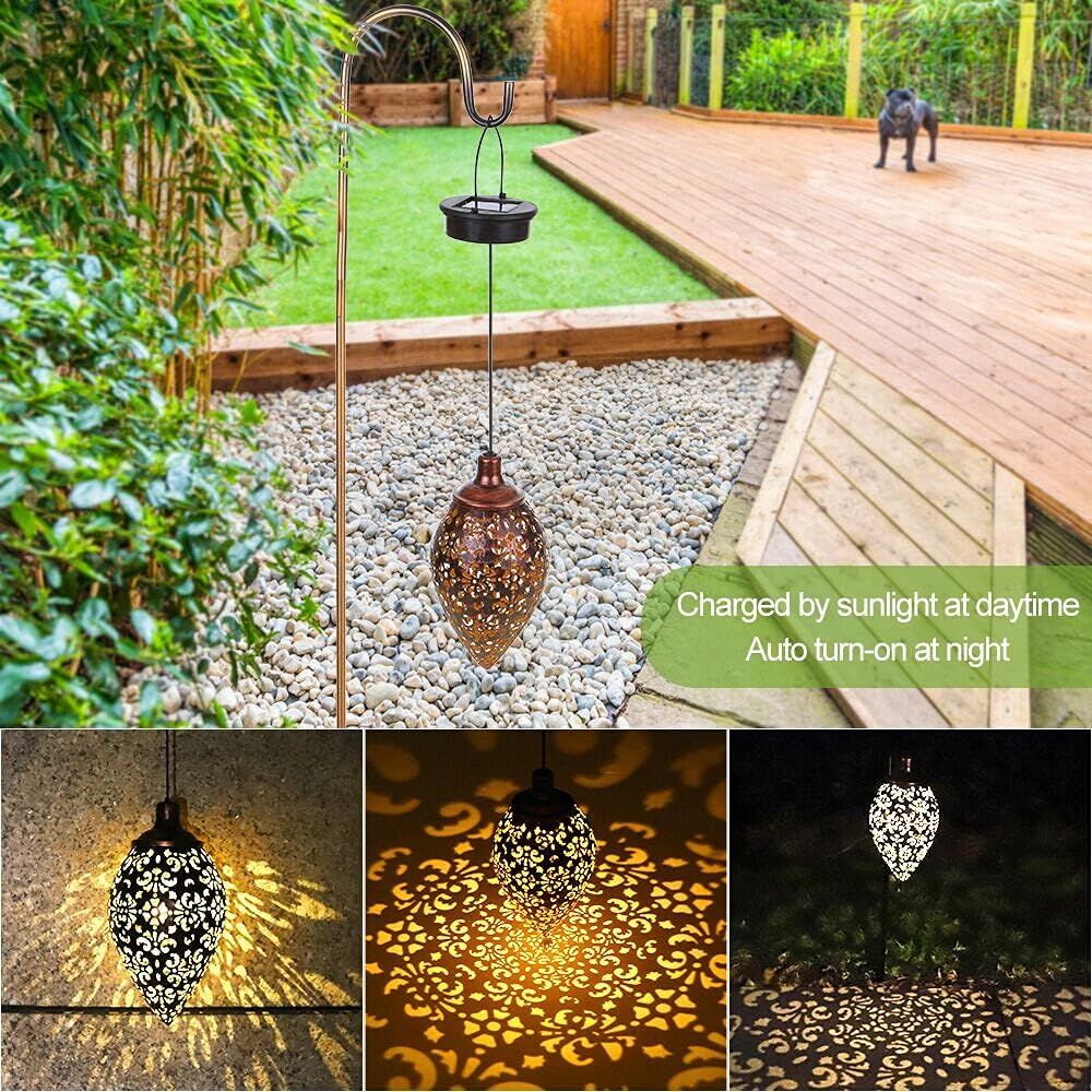 Hanging Solar Lantern LED Moroccan Metal Garden Light Waterproof for Patio and Porch - Image 2