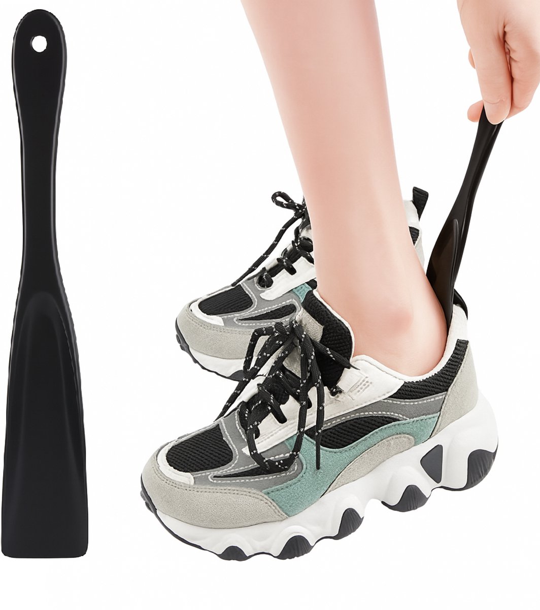 Spoon-shaped shoehorn | Plastic | Length 19.5 cm | Shoe puller | With hanging loop | Black - Image 1
