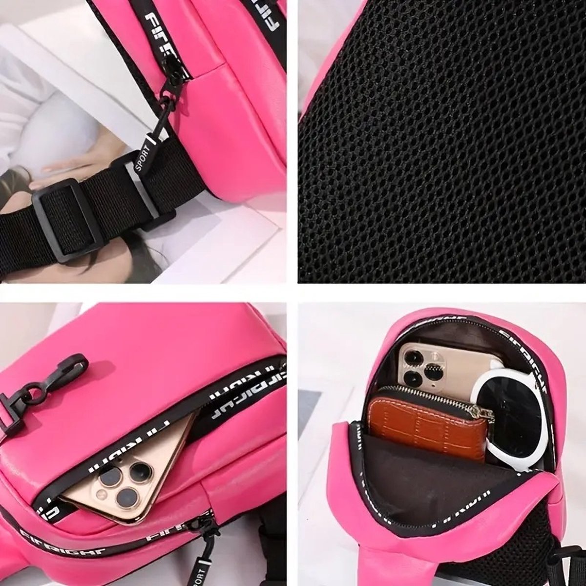 Women's Crossbody Bag | Shoulder Bag | Waist Bag | Sling Bag | PU Leather | With Adjustable Shoulder Strap & Zipper | With Extra Clip Carrier | Water-Repellent | Light Pink - Image 5