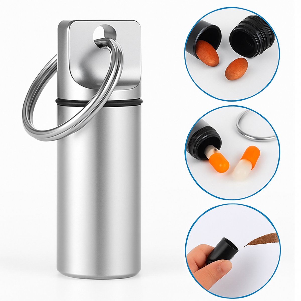 Luxury Pill Box Keychain | Medicine Box | Pill Box | Pill Container | Aluminum | Waterproof | Silver - Image 1