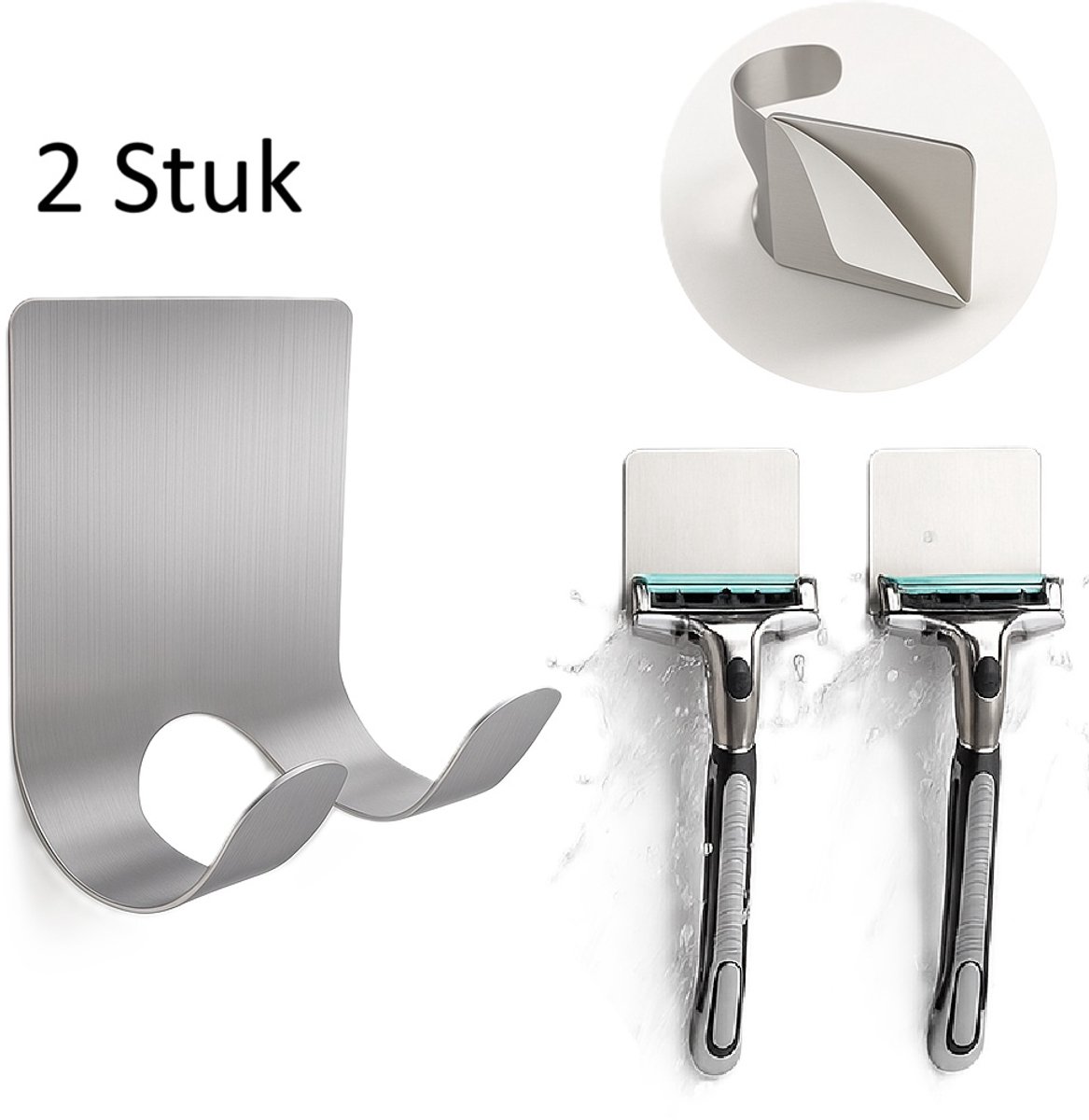 2-Piece Stainless Steel Razor Holder | Razor Tray | Self-Adhesive Razor Holder | Razor Hook | Razor Hanging | Silver - Image 1