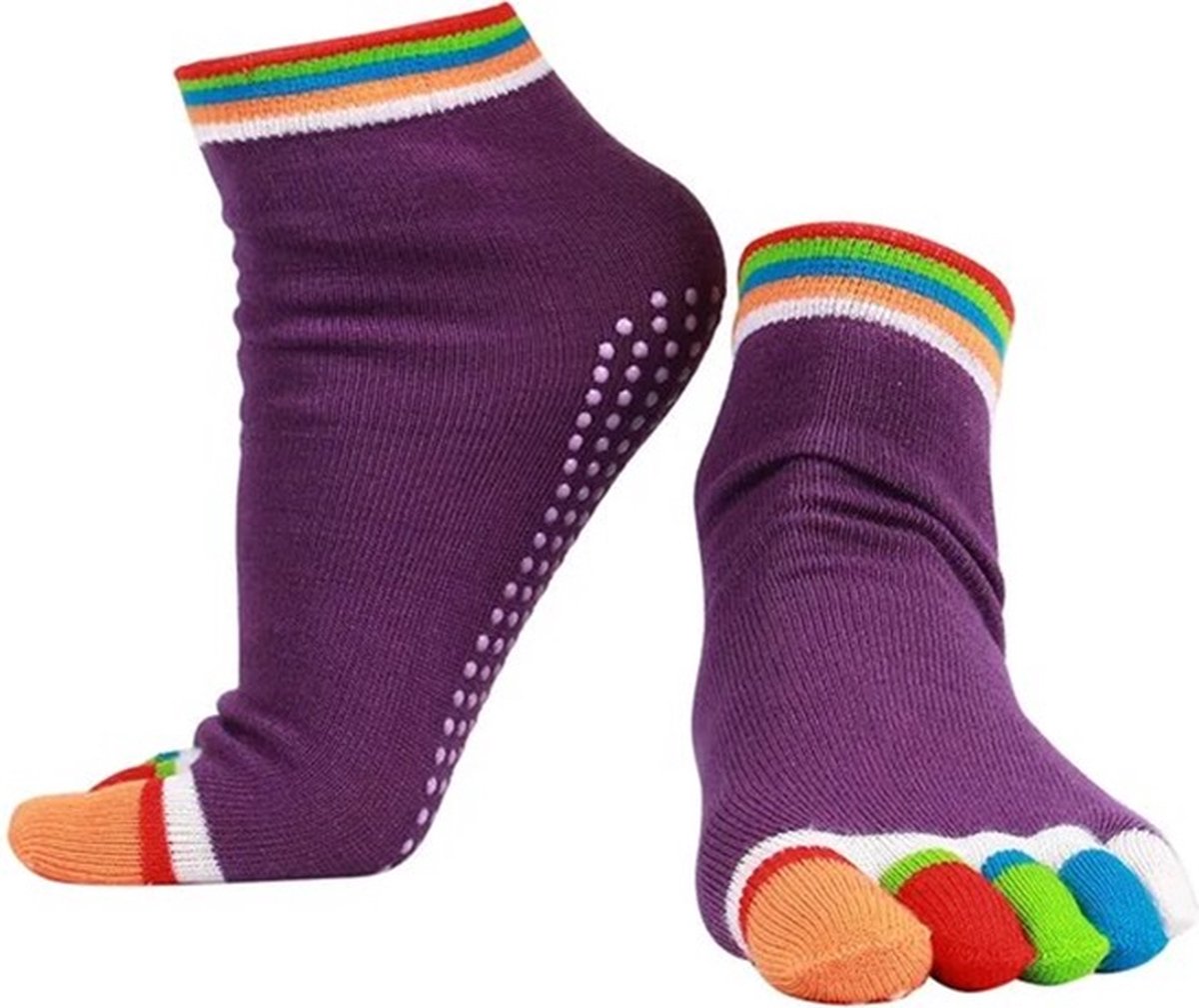 Full Toe Yoga Socks | Full Toe Yoga Sock | With Anti-Slip Bottom | Anti-Slip Socks | Pilates Socks | Size 36-40 | Purple with Colors - Image 1