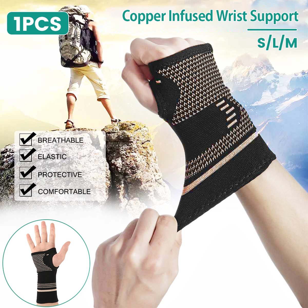 Wrist Brace | Wrist Support | Wrist Protector | Sports Brace Wrist | Copper Infused | Black | 1 Set | One Size - Image 2
