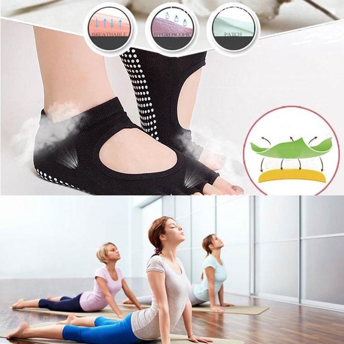 One Pair Open Toe Open Instep Anti-slip Sports Female Yoga Socks Size: 34 - 39 (EUR)(Black) - Image 2