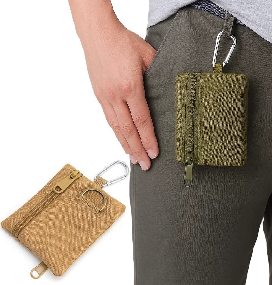 Survival Coin Holder | Card Holder | Coin Storage | Zipper | With Carabiner & Key Ring | For Camping, Traveling, etc. | 9 x 10 cm | Beige - Image 1