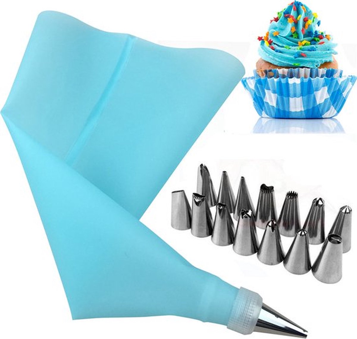 Piping Bag with 14 Nozzles | Decorating Piping Piper | Reusable | Whipped Cream Piping Piper | Blue - Image 1
