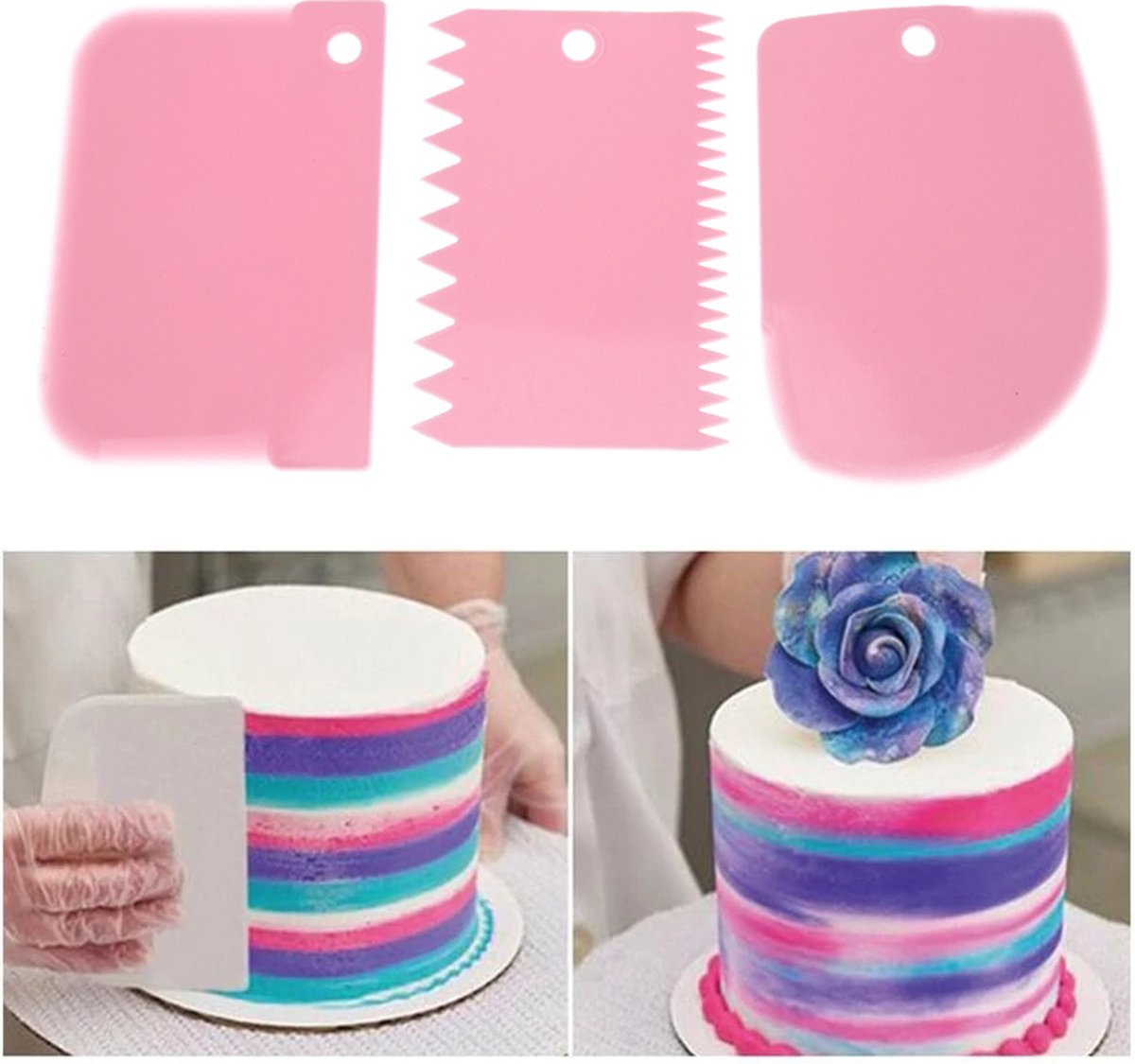 Dough Scraper | Cake Scraper | Dough Cutter | Dough Scraper | 3-Piece | Pink - Image 1