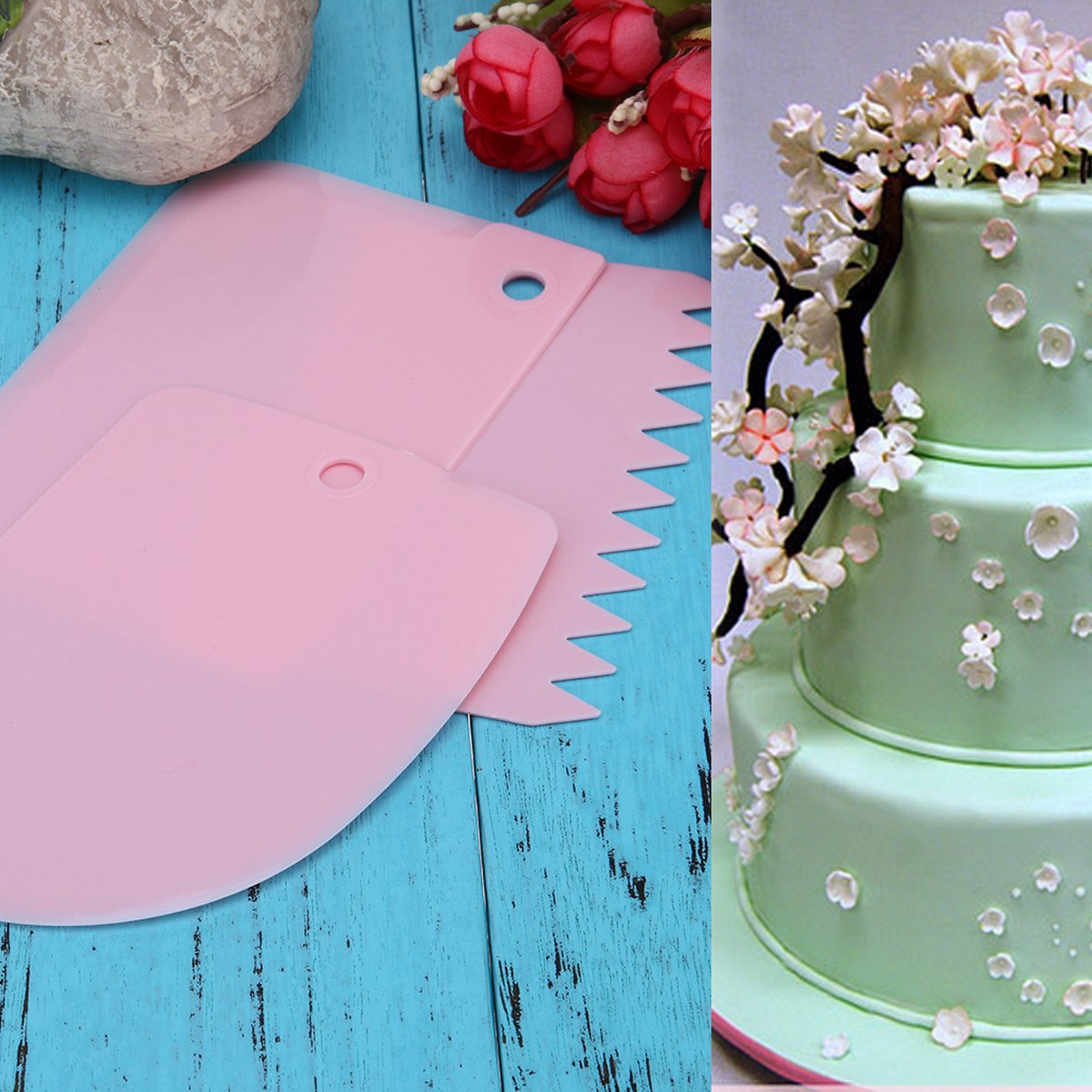 Dough Scraper | Cake Scraper | Dough Cutter | Dough Scraper | 3-Piece | Pink - Image 3