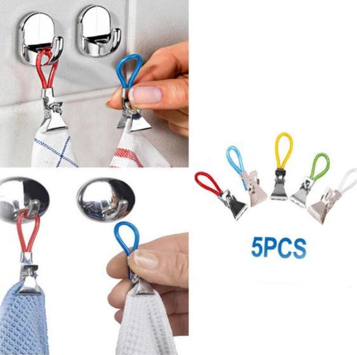 Towel clips - 5 PIECES - Towel hooks - Wall hooks - Tea towel clips - Hooks - Various colors - Hanging hooks - Kitchen hooks - Bathroom hooks - Wall hooks - Clips - Hanging - Towel clips - Stainless steel - Steel hooks - Towel clips - Image 1