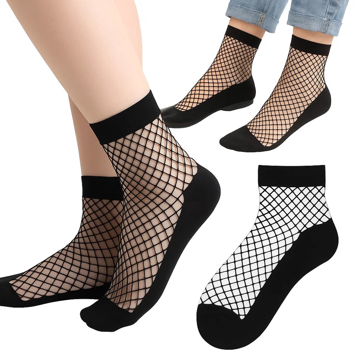 3 Pairs of Fishnet Socks for Women | Trendy Socks | Fishnet Stockings | Thin Mesh Socks | With Anti-slip | Soft & Lightweight | Size 36-42 | Black - Image 1