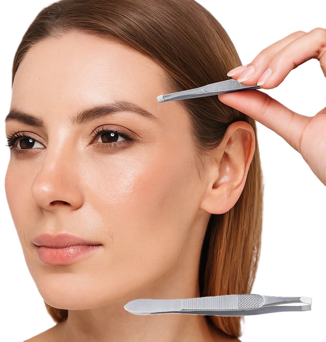 Eyebrow Plucking Tweezers Stainless Steel | Eyebrow Hair Removal | Facial Hair Removal | Flat/Straight Tip | Anti-Slip | 8.5 CM | Silver - Image 1