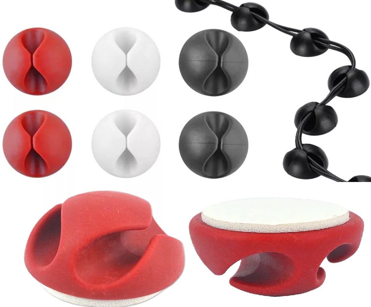 6-Piece Cable Organizer | Cable Holder | With Cable 3 Clips | Sort Cables | With Self-Adhesive Tape | Red/White/Black - Image 1