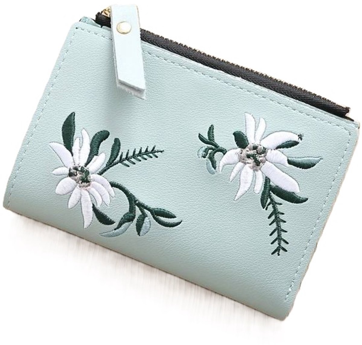 Luxury Card Holder with Flowers | Credit Card Holder | With Cash Compartment | Card Holder | Wallet | PU Leather | Purse | Light Green - Image 1