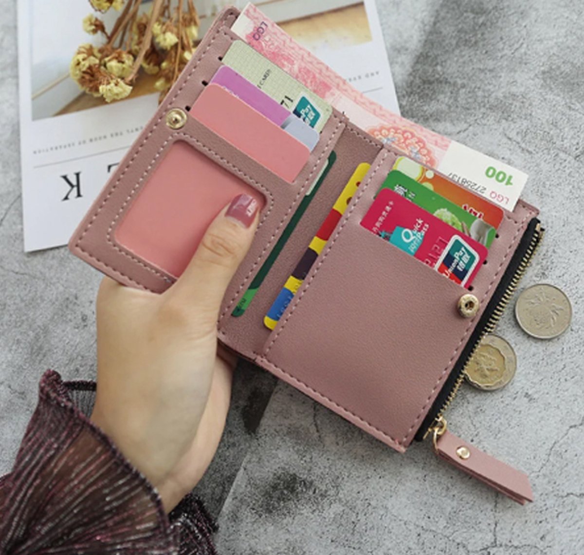 Luxury Card Holder with Flowers | Credit Card Holder | With Cash Compartment | Card Holder | Wallet | PU Leather | Purse | Light Green - Image 5