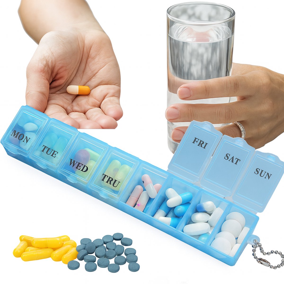Medicine Storage Boxes 7 Days | Pill Box | Pill Box | Pill Planner | With Day Indicator | 7 Compartments | Blue - Image 1