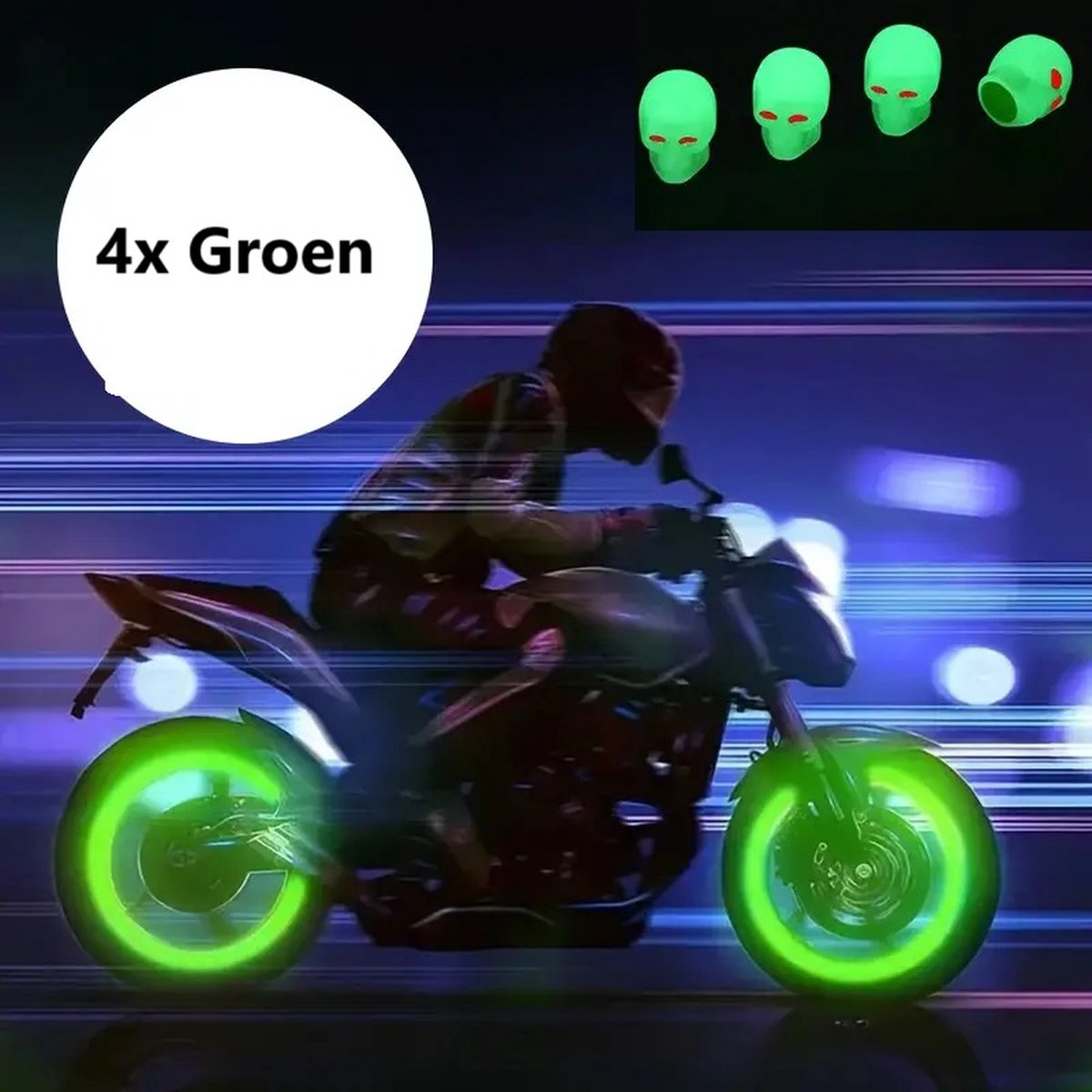 Glow In Dark Valve Caps | Car Valve Cap | Skull | Also For Motorcycle, Bicycle, Scooter | Set of 4 | Green - Image 1
