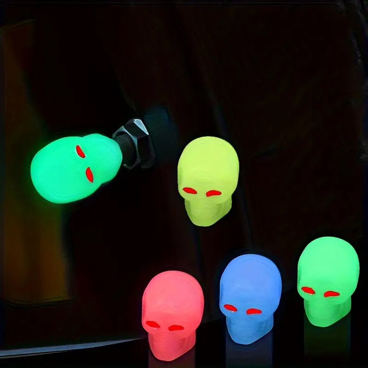Glow In Dark Valve Caps | Car Valve Cap | Skull | Also For Motorcycle, Bicycle, Scooter | Set of 4 | Green - Image 3