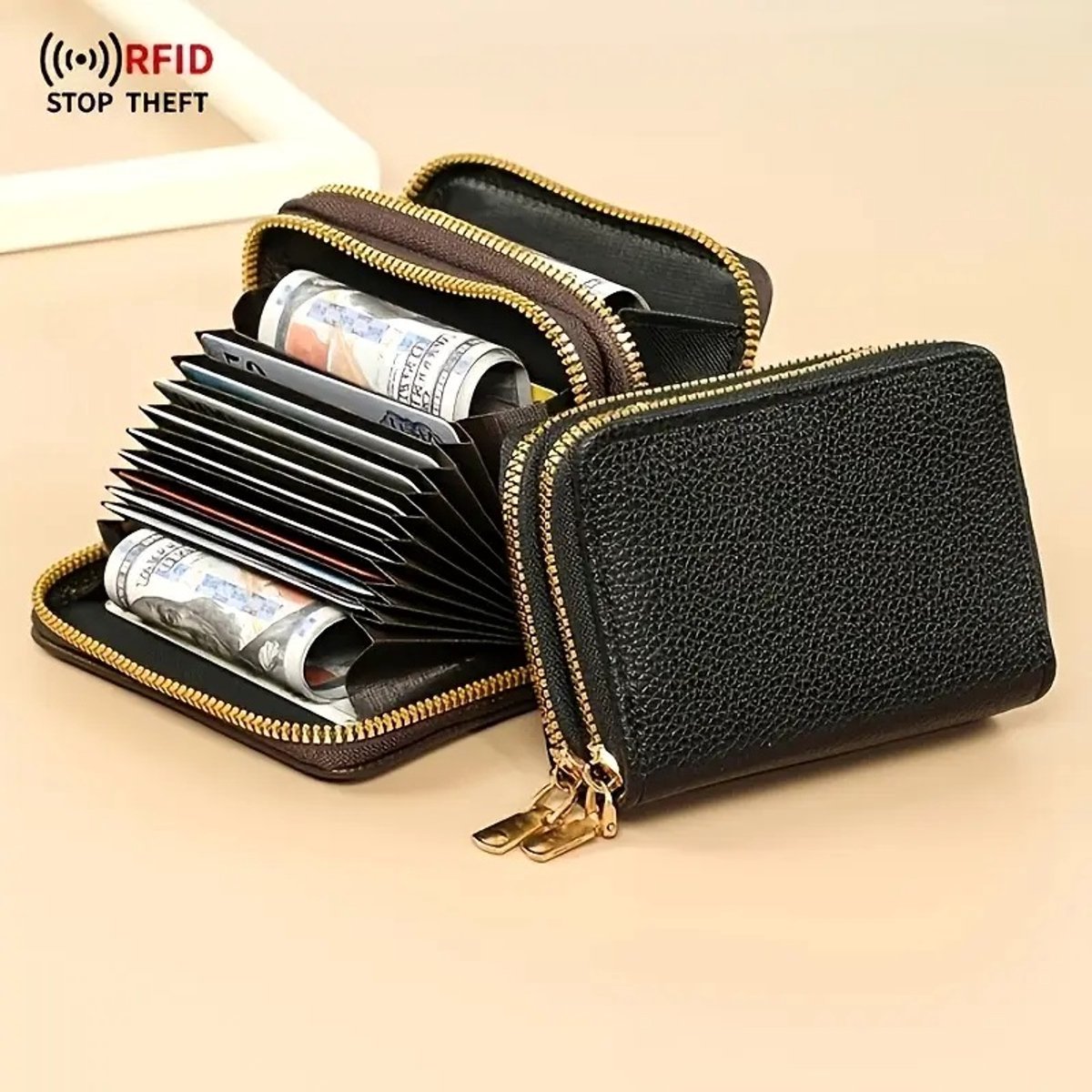 Luxury Double Zipper Wallet & Card Holder | Wallet | For Letters, 11 Cards & Coins | PU Leather | Black - Image 3