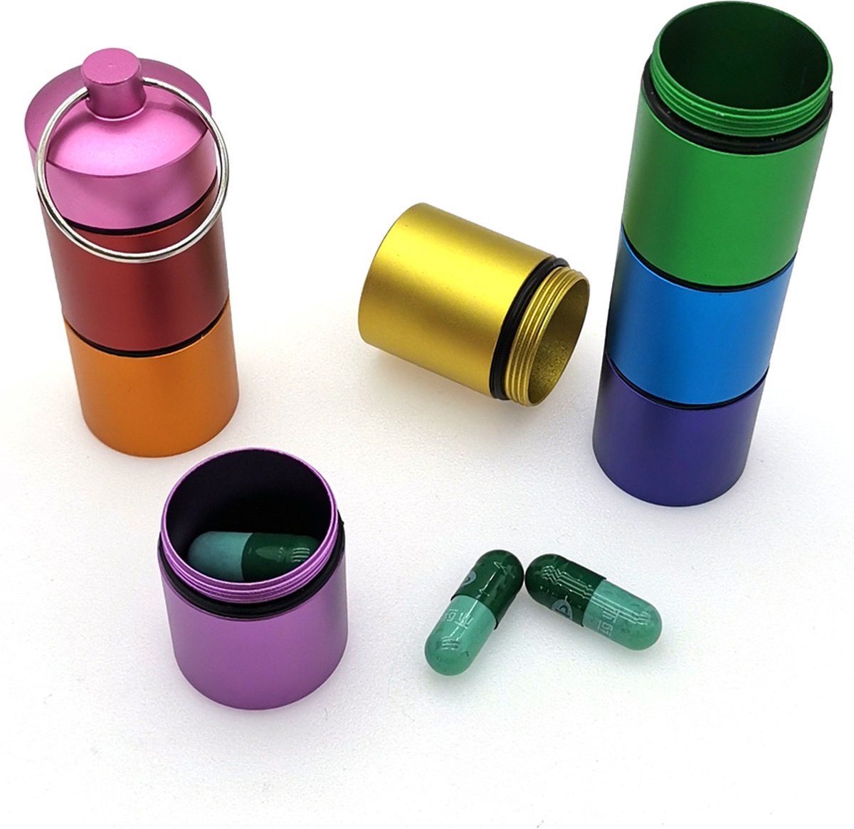 Pill Box | Pill Box | Medicine Box | Reversible | Aluminum | Pill Box Tube | 8 Compartments | Reversible | Incl. Carabiner | Multicolor - Image 1