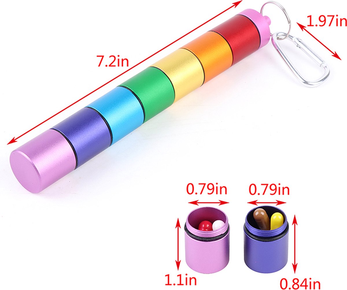 Pill Box | Pill Box | Medicine Box | Reversible | Aluminum | Pill Box Tube | 8 Compartments | Reversible | Incl. Carabiner | Multicolor - Image 2