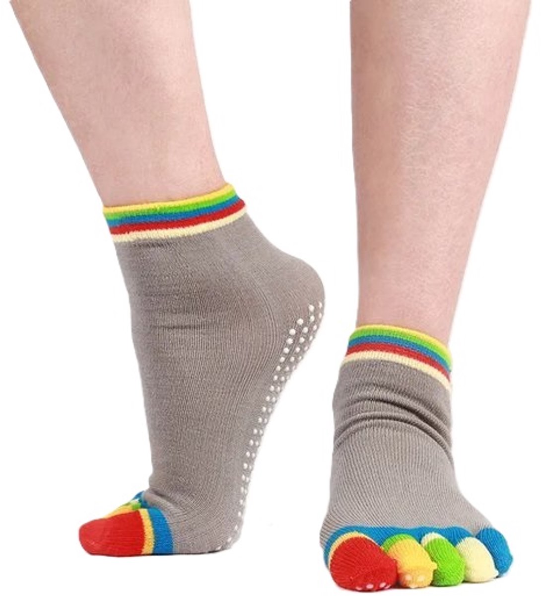 Full Toe Yoga Socks | Full Toe Yoga Sock | With Anti-Slip Bottom | Anti-Slip Socks | Pilates Socks | Size 36-40 | Grey with Colors - Image 1
