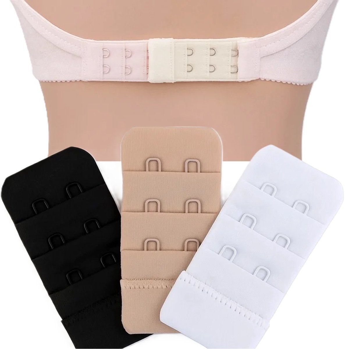 Bra extender | 2 Hooks | Bra accessories | Bra extender | Bra extender | Rectangular hooks | Set of 3 | Black, White & Beige - Image 1