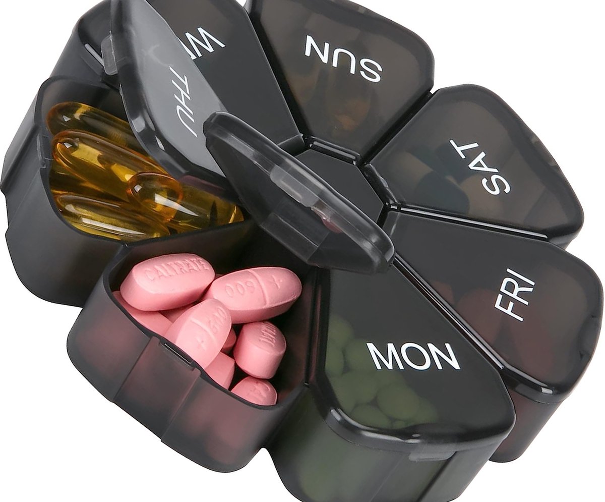Round Flower Medicine Box | Pill Box | Pill Box | Medicine Box | Pill Box | 7 Days | Black - Image 1