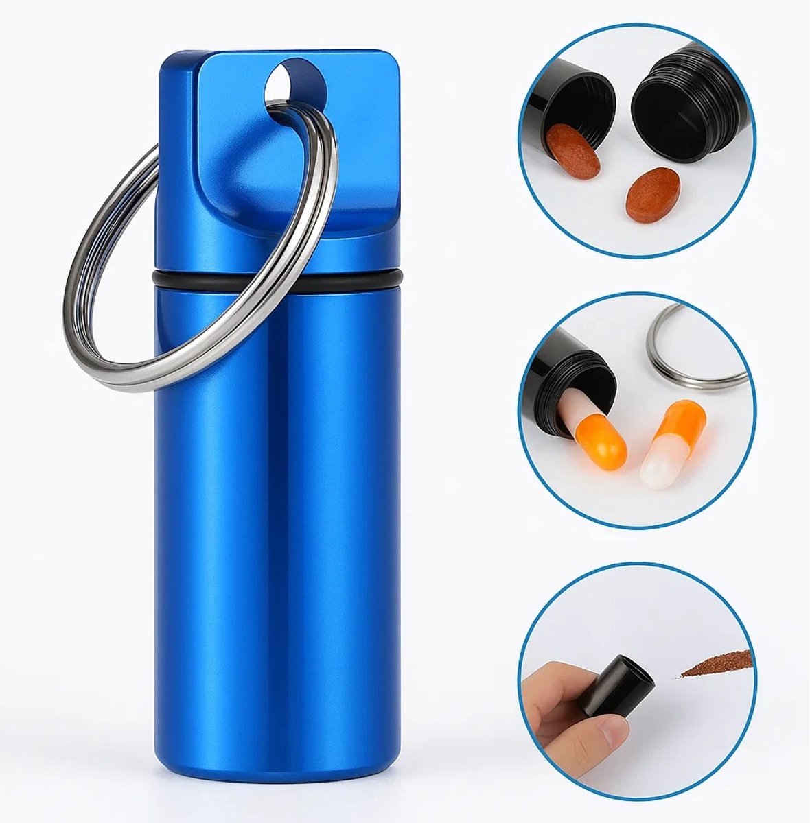 Luxury Pill Box Keychain | Medicine Box | Pill Box | Pill Container | Aluminum | Waterproof | Blue - Image 1