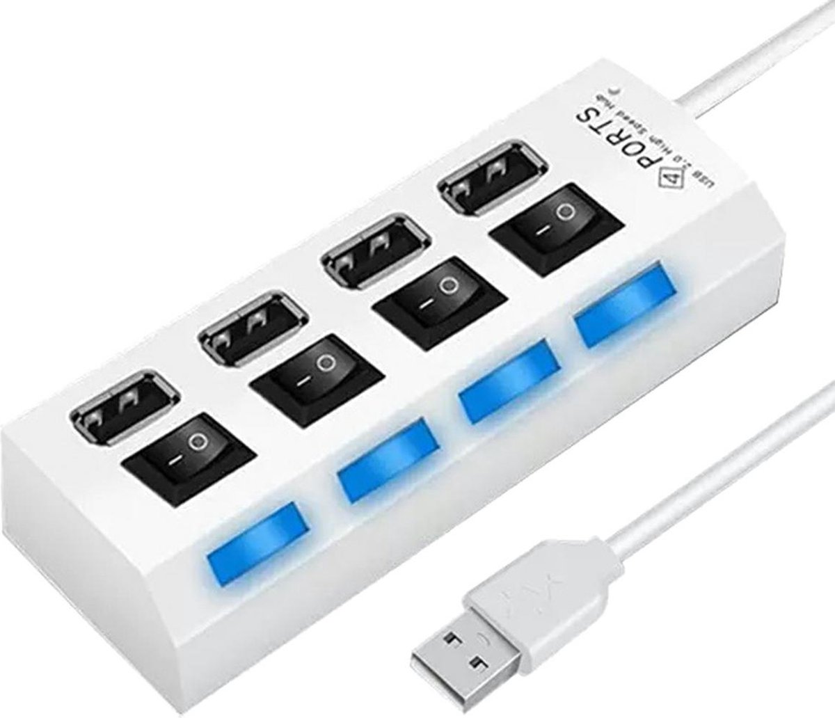 HI Speed 4-Port USB 2.0 Hub I Hub Splitter I On/Off Switch I LED I Up to 480 MB/s I White - Image 1