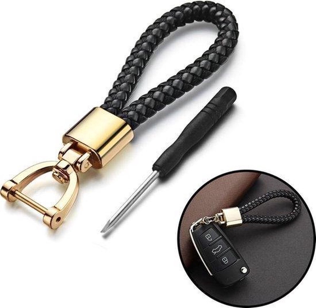 Car Keychain | Key Holder | Leather Keychain | Universal | Black / Gold - Image 4