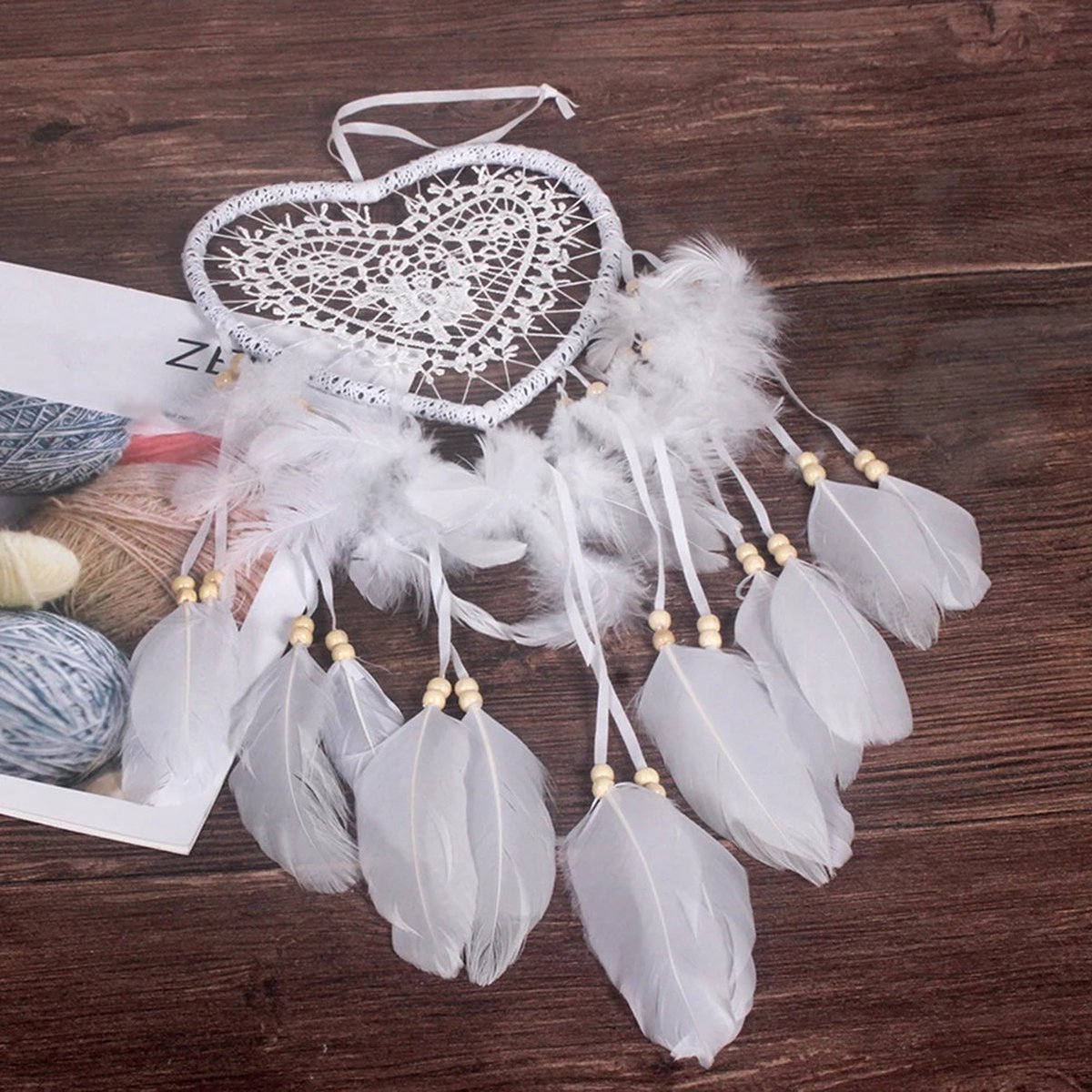 Handmade Dream Catcher | Dream Catcher XXL | Large Handmade Dream Catcher | Dream Catcher - Large Dream Catcher | Heart Dream Catcher | With Feathers | White - Image 2
